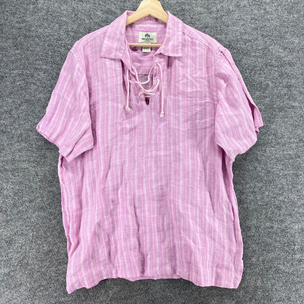 Mojito Shirt Men XL Pink Striped Collared Tasseled Short Sleeve Linen Casual
